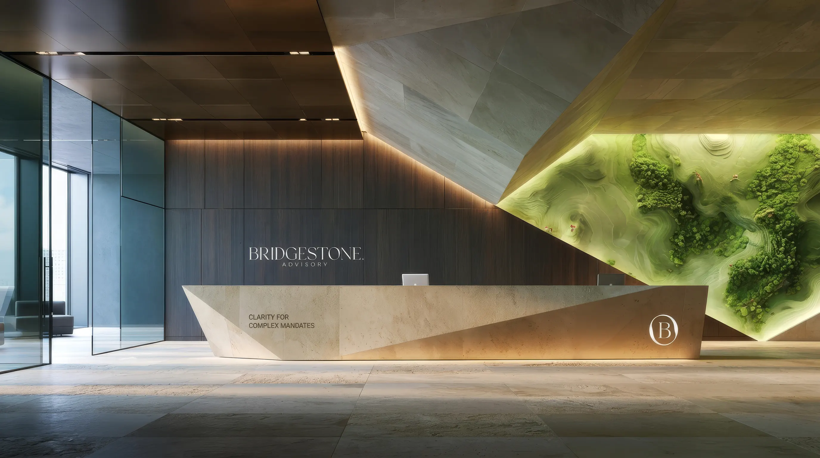 A Bridgestone Advisory reception framed by a living green wall